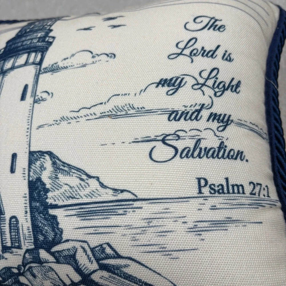 Lighthouse Scripture Pillow Psalm 27:1 Nautical Navy Blue Cream 11.5